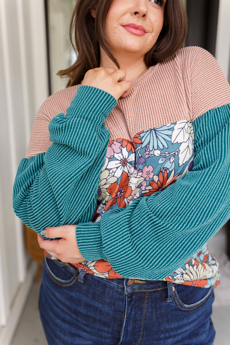 Retro and Ribbed Floral Color Block Top