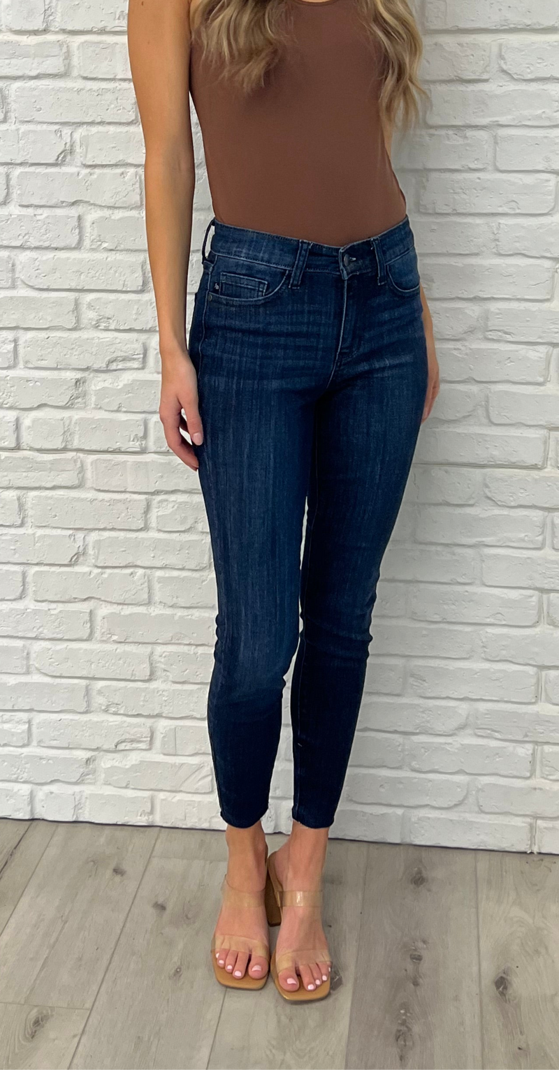 Judy Blue Fallon Mid Rise Adjustable Waist Raw Hem Skinny Jeans