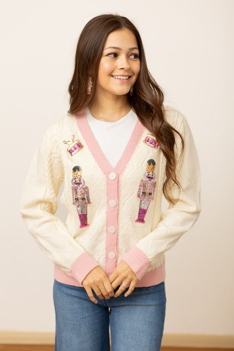 Beige and Pink Nutcracker Sweater Cardi