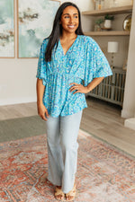 Dearest Dreamer Peplum Top in Blue and Teal Paisley