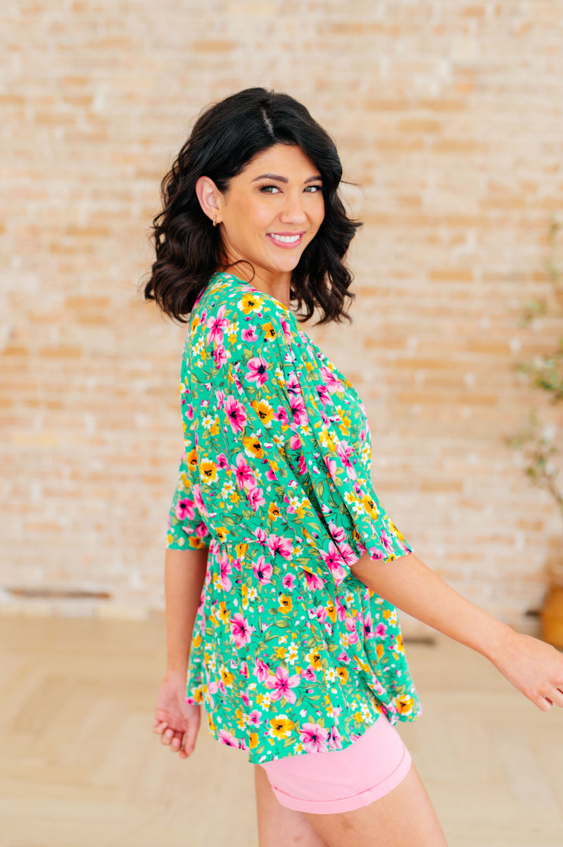 Dearest Dreamer Peplum Top in Emerald and Pink Floral