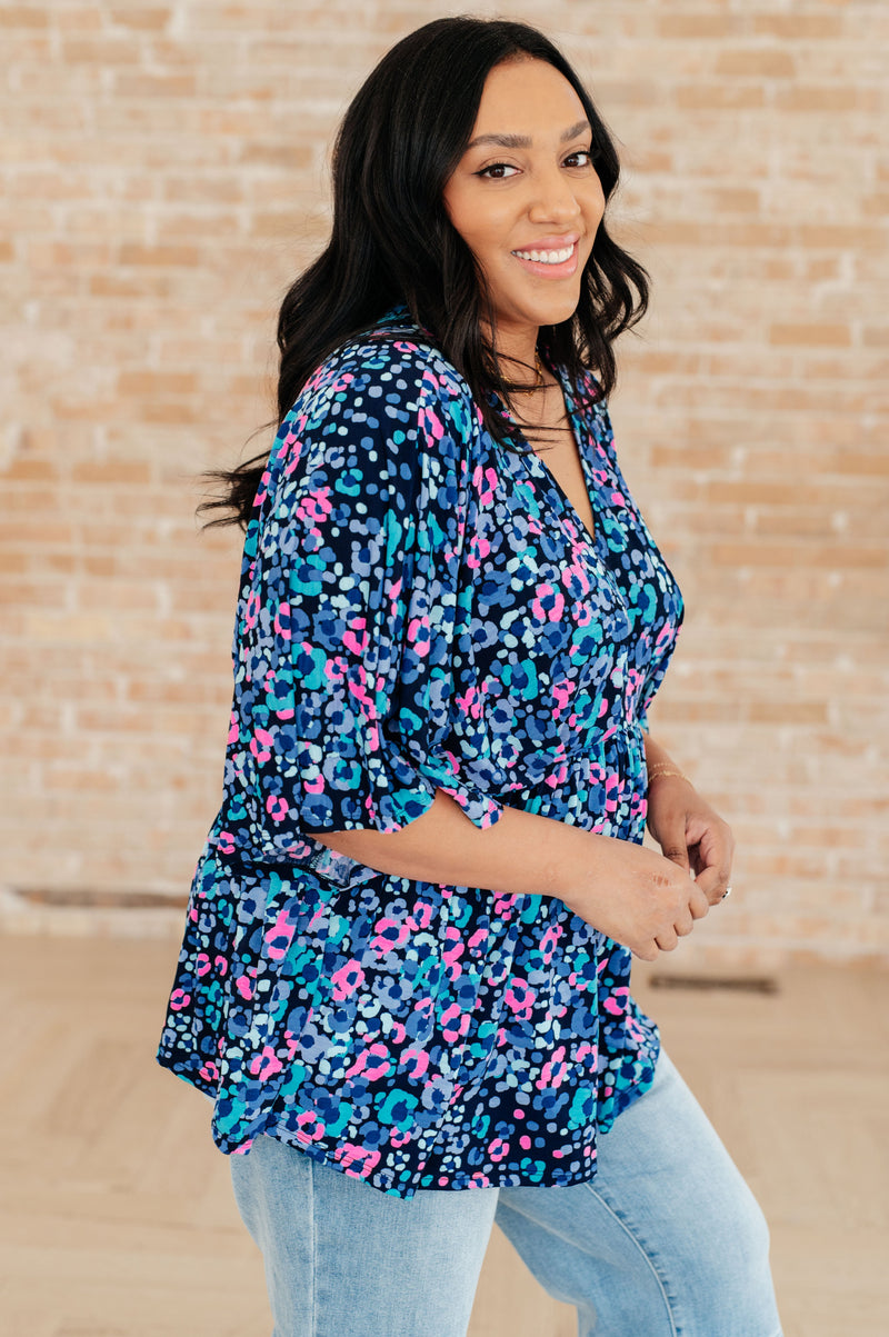 Dearest Dreamer Peplum Top in Navy and Lavender Animal Print