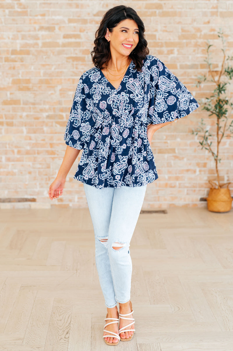 Dearest Dreamer Peplum Top in Navy and Pink Paisley