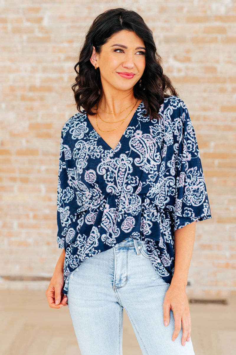 Dearest Dreamer Peplum Top in Navy and Pink Paisley