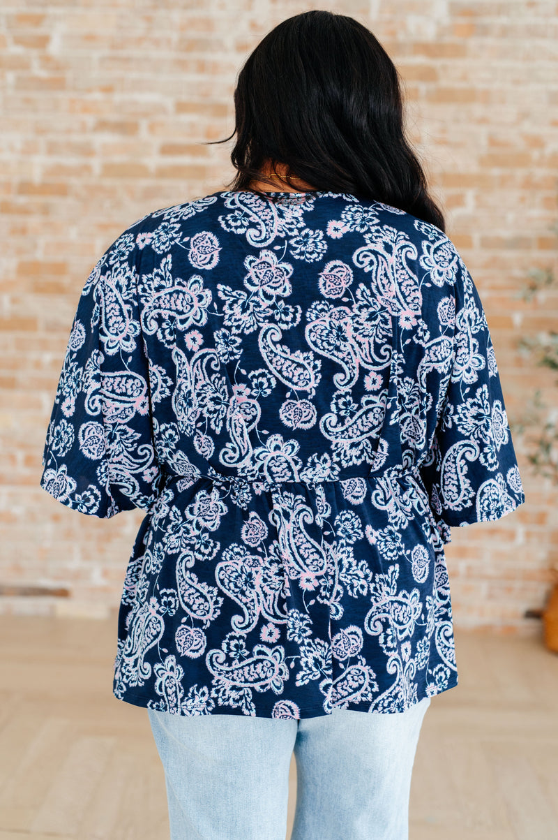 Dearest Dreamer Peplum Top in Navy and Pink Paisley