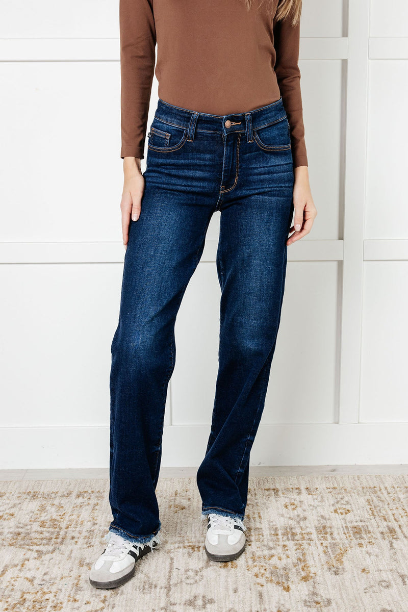 Judy Blue Jacqueline Mid Rise Frayed Hem Straight Leg Jean