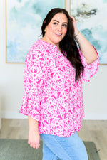 Lizzy Bell Sleeve Top in Hot Pink Damask