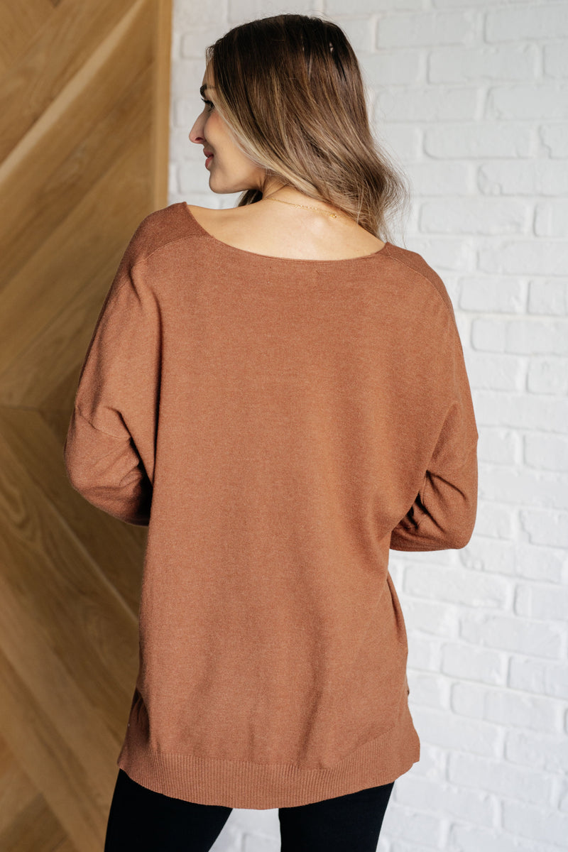 V-Neck Front Seam Sweater in Deep Camel