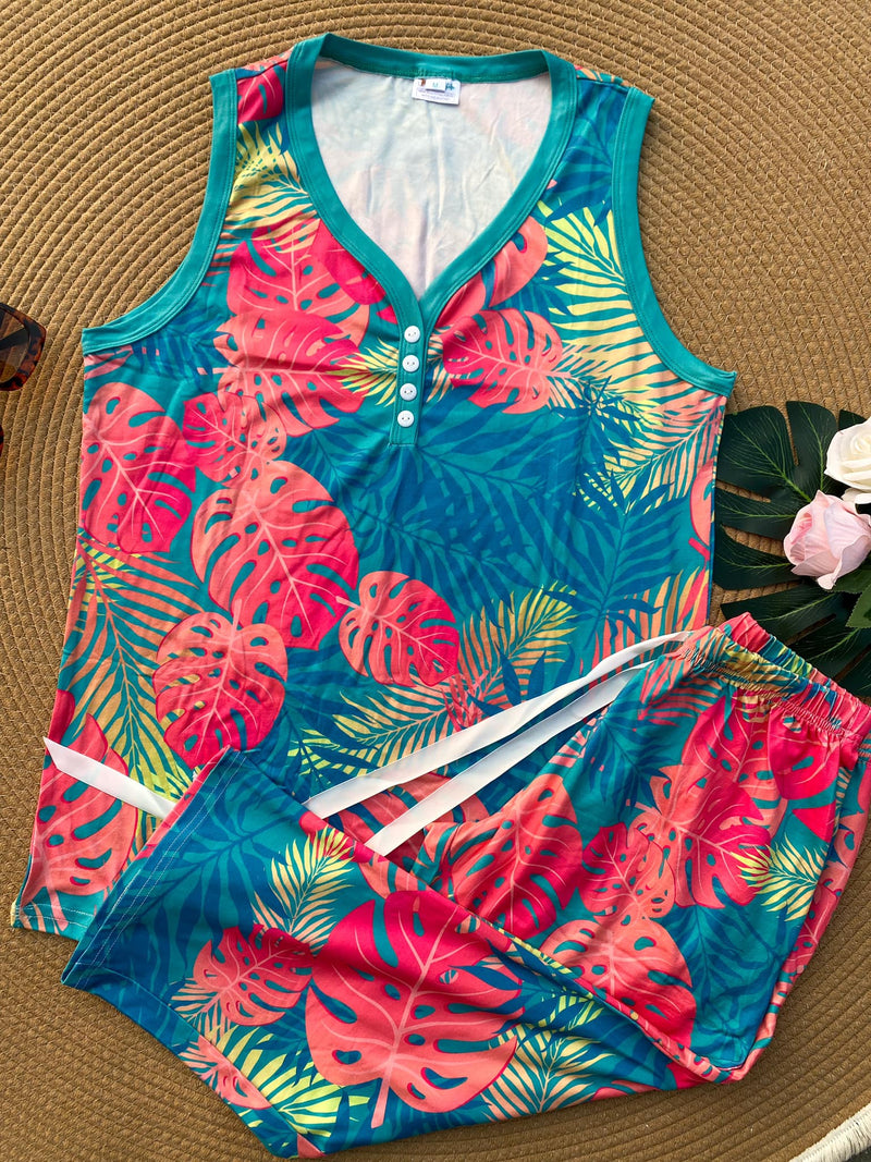 PREORDER: Sleeveless Pajamas in Tropical Leaf
