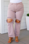 Risen Babs High Rise Distressed Straight Jeans in Mauve