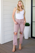 Risen Babs High Rise Distressed Straight Jeans in Mauve