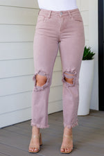 Risen Babs High Rise Distressed Straight Jeans in Mauve