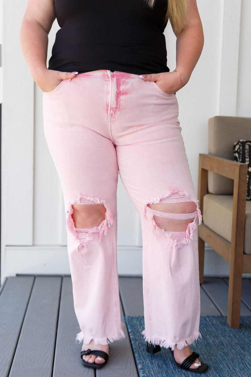 Risen Babs Distressed Straight Jeans in Pink