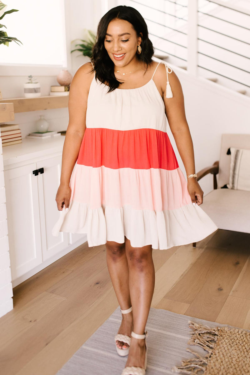 Color Block Ruffles Midi Dress In Pink