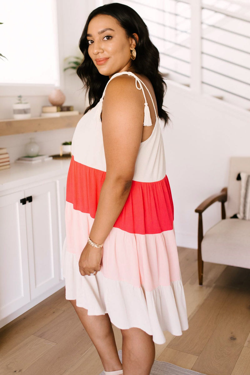 Color Block Ruffles Midi Dress In Pink