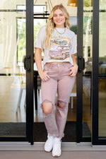 Risen Babs High Rise Distressed Straight Jeans in Mauve