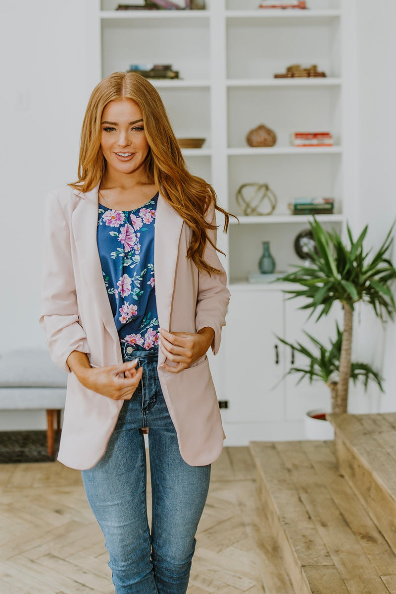 Chic In Pink Ruched 3/4 Sleeve Blazer