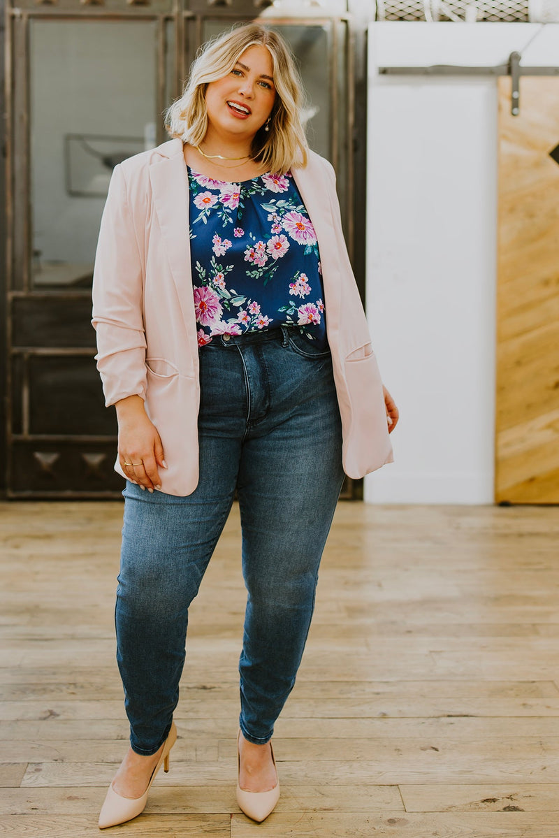 Chic In Pink Ruched 3/4 Sleeve Blazer