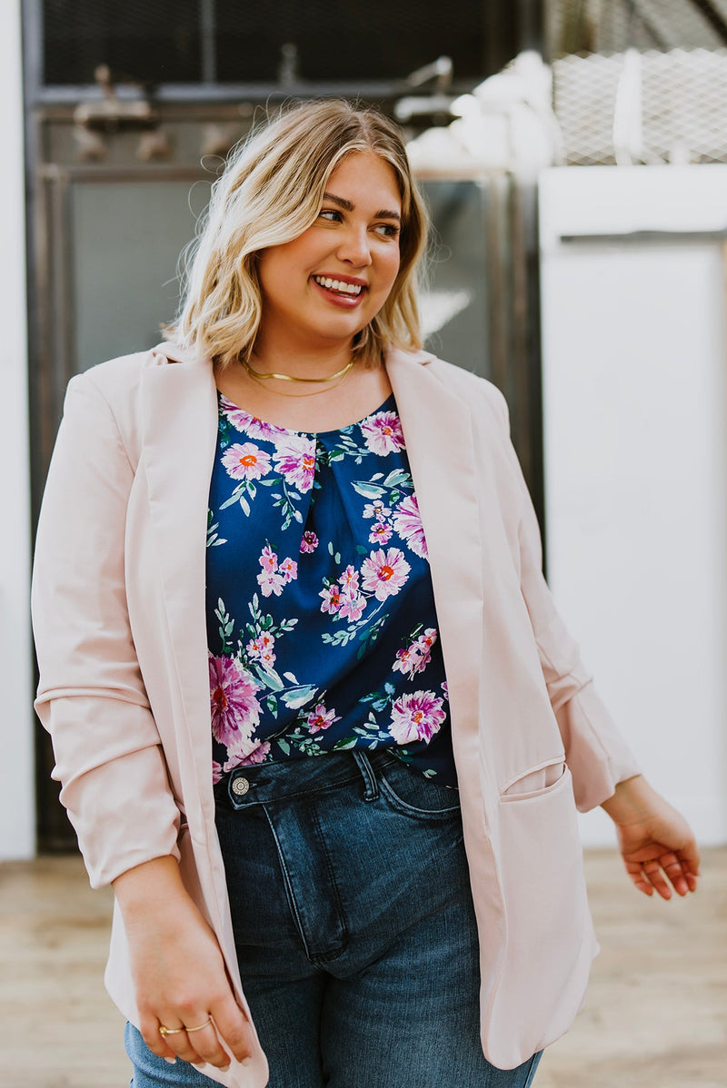 Chic In Pink Ruched 3/4 Sleeve Blazer