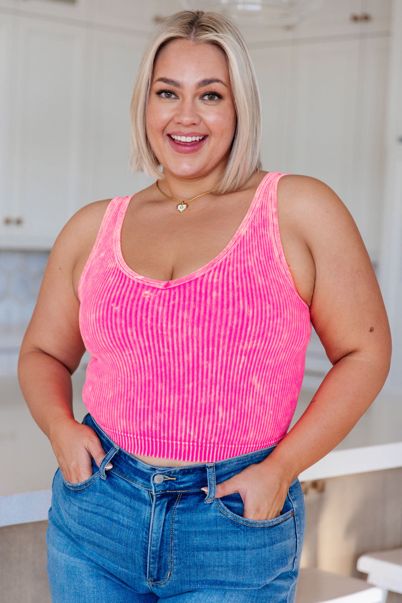 Effortless Reversible Mineral Wash Ribbed Tank in Neon Coral