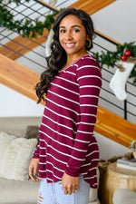 Erika Striped V-Neck Long Sleeve Top in Burgundy