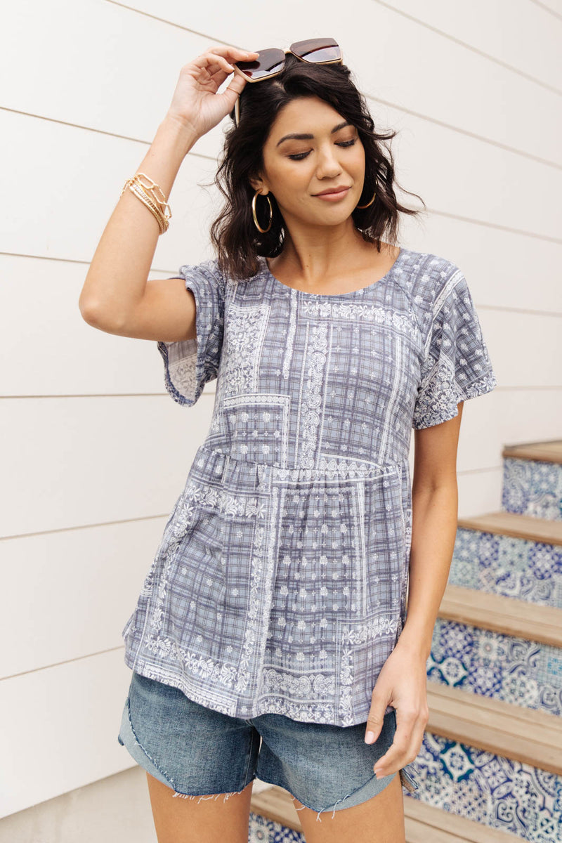 Faded Navy Folk Print Top