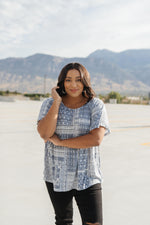 Faded Navy Folk Print Top