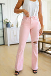 Judy Blue Feminine Flair Mid Rise Distressed Flares in Pastel Pink