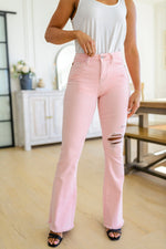 Judy Blue Feminine Flair Mid Rise Distressed Flares in Pastel Pink