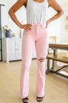 Judy Blue Feminine Flair Mid Rise Distressed Flares in Pastel Pink