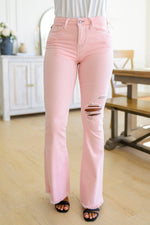 Judy Blue Feminine Flair Mid Rise Distressed Flares in Pastel Pink