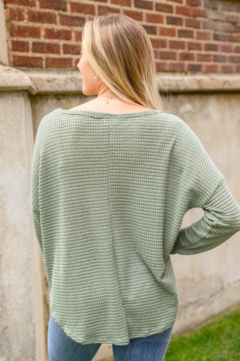 Hillside Views Waffle Knit Long Sleeve Top In Sage