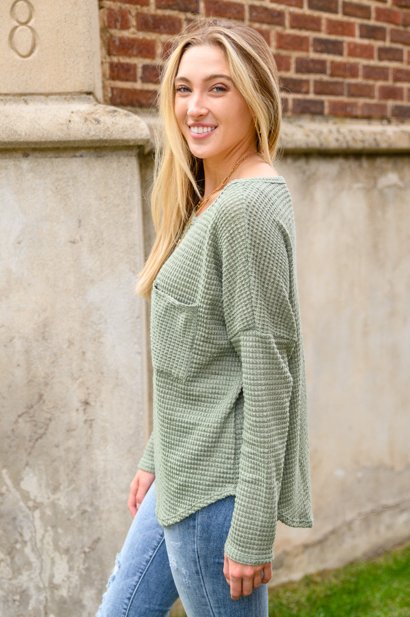 Hillside Views Waffle Knit Long Sleeve Top In Sage