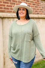 Hillside Views Waffle Knit Long Sleeve Top In Sage