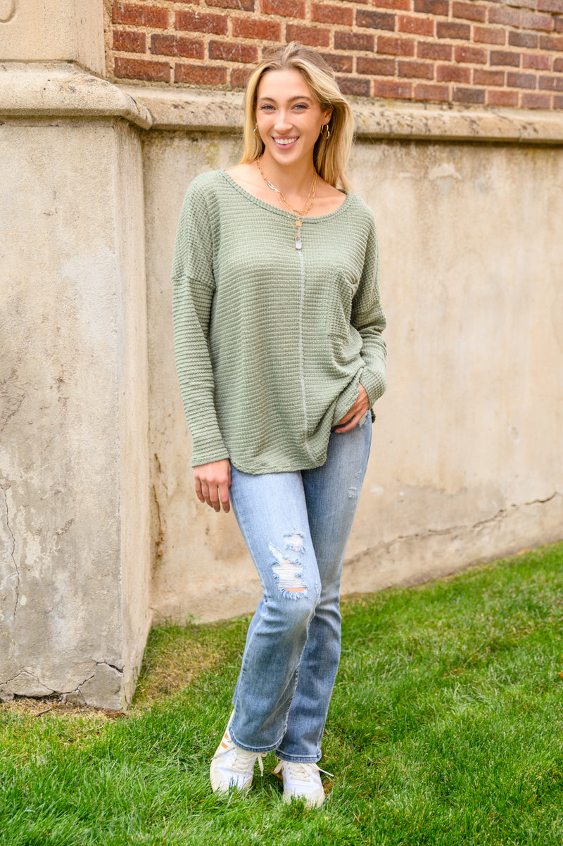 Hillside Views Waffle Knit Long Sleeve Top In Sage