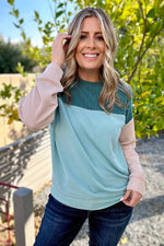 Color Block Long Sleeve Ribbed Loose Top, Green