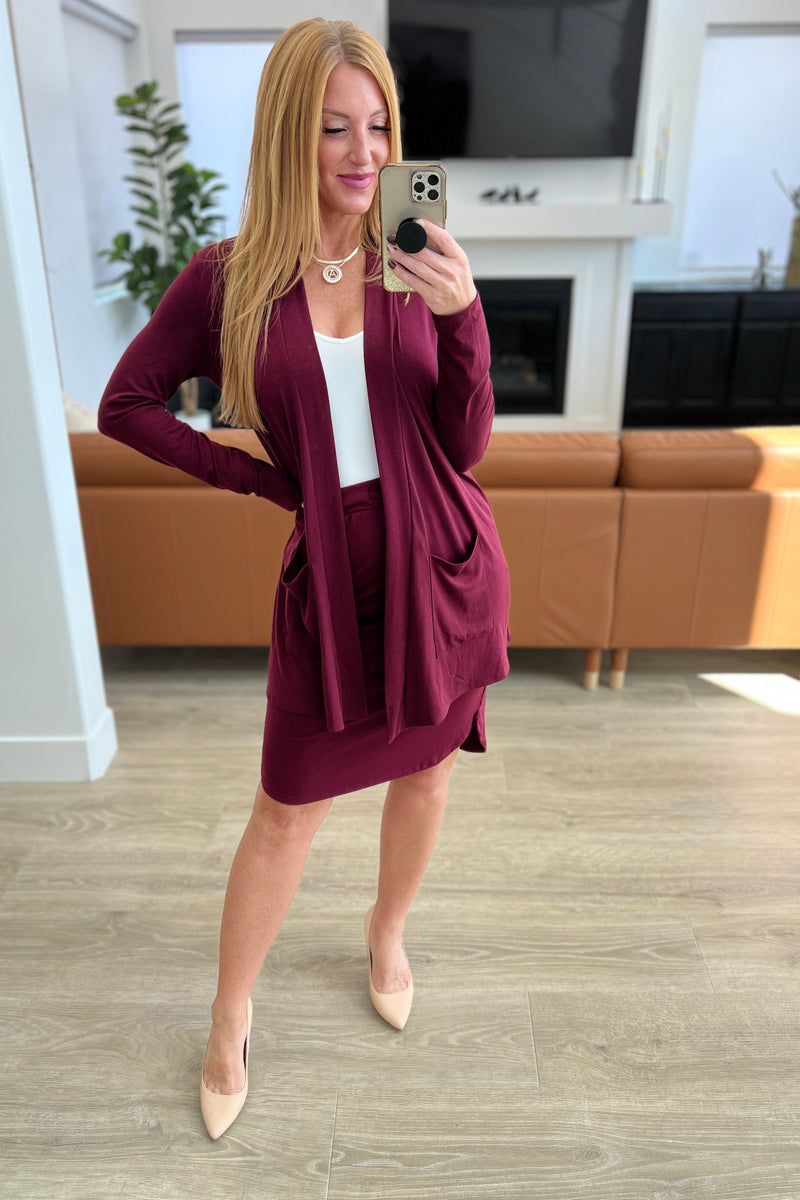 Slouchy Pocket Open Cardigan in Dark Burgundy