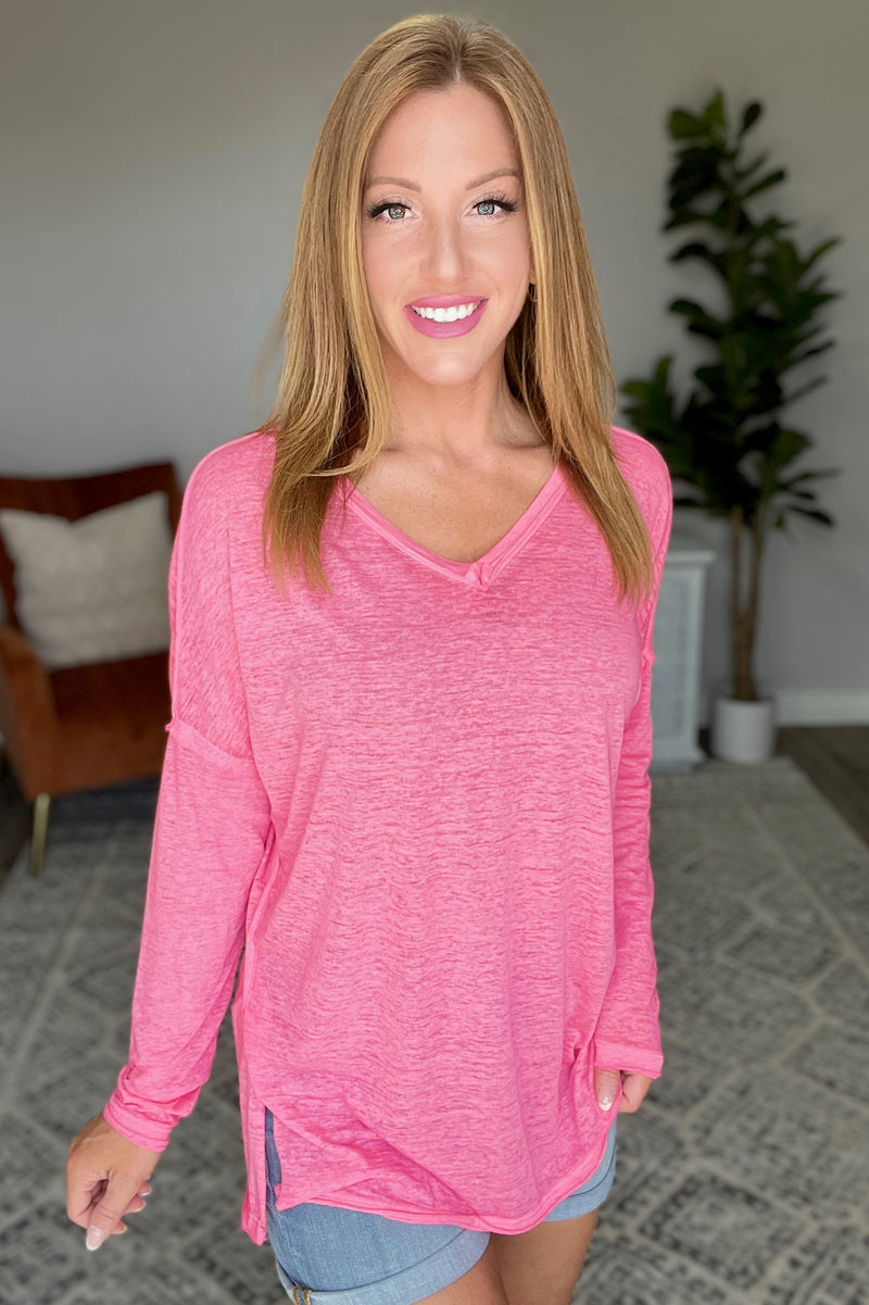 Melange Burnout V-Neck Top in Fuchsia