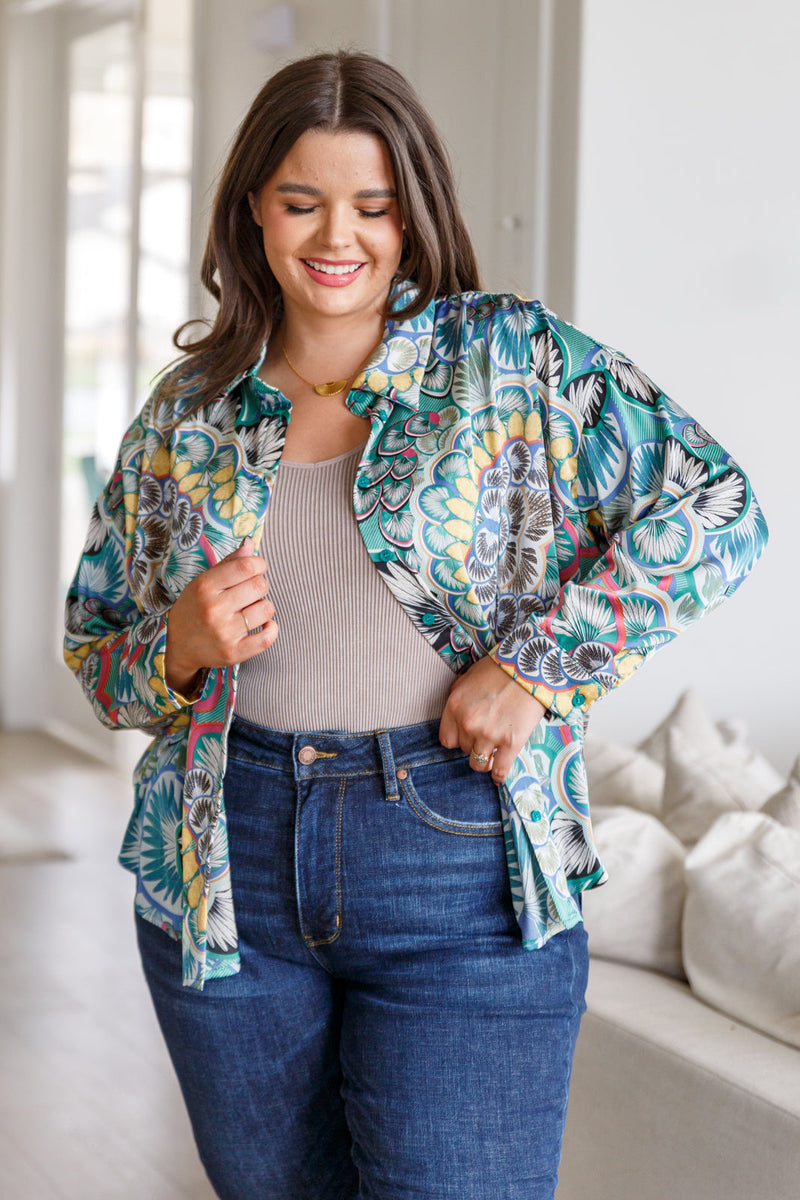 In the Willows Button Up Blouse in Teal Paisley