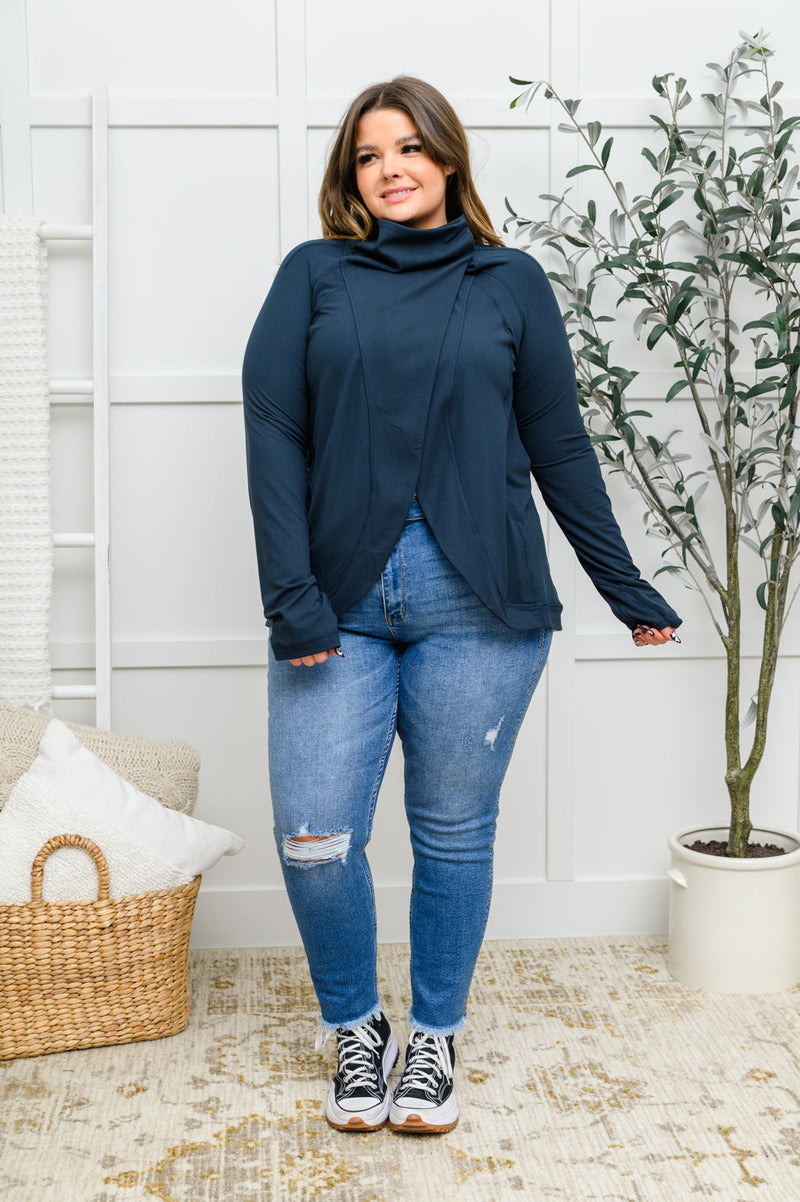 Janie Asymmetric Cowl Neck Jacket In Navy