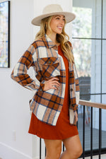 Jayne Brushed Plaid Button Down Shacket In Brown