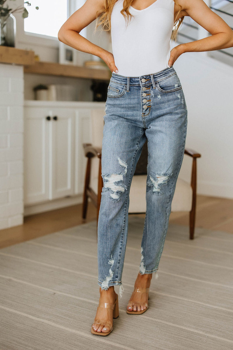 Judy Blue Josie Mid Rise Button Fly Boyfriend Jeans