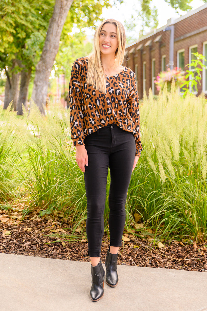 Just For Fun Long Sleeve V Neck Animal Print Top