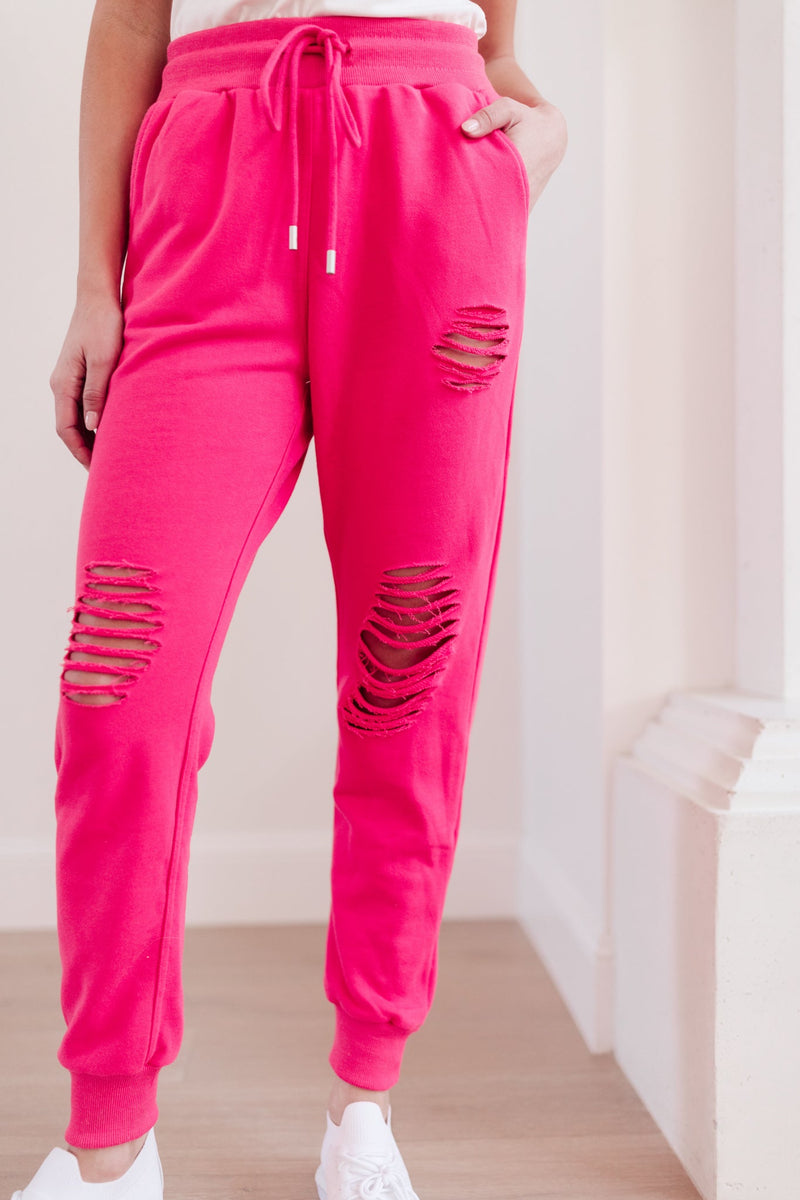 Kick Back Distressed Joggers Hot Pink