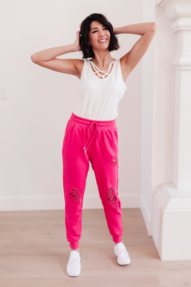 Kick Back Distressed Joggers Hot Pink