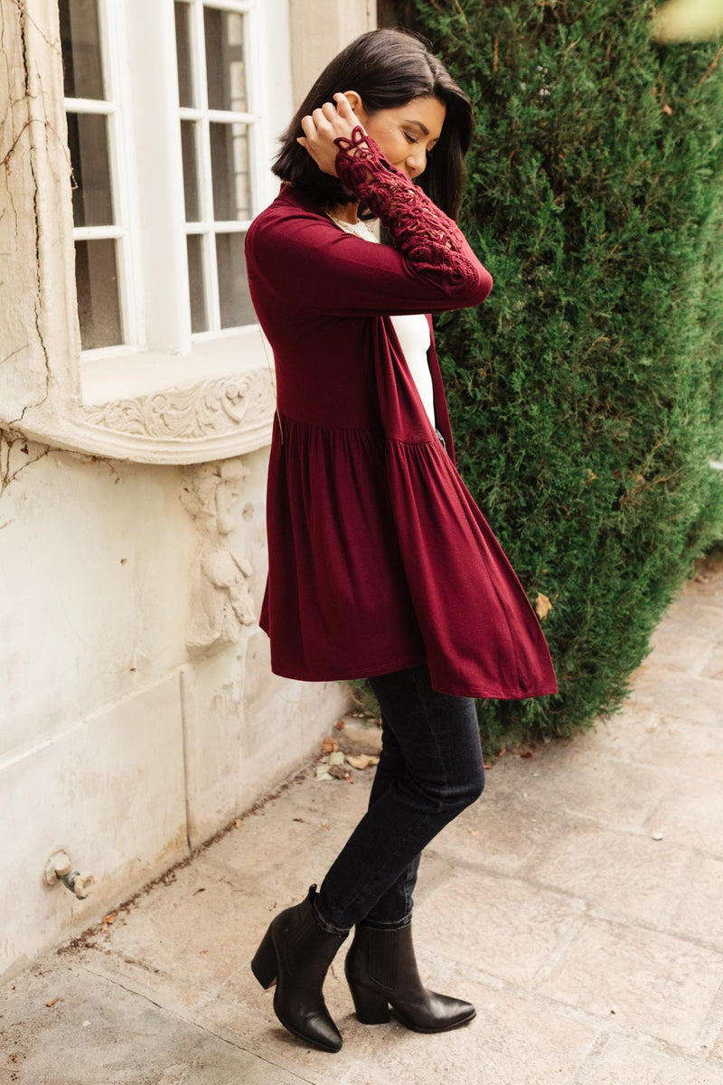 Little Bit Of Lace Cardigan in Burgundy