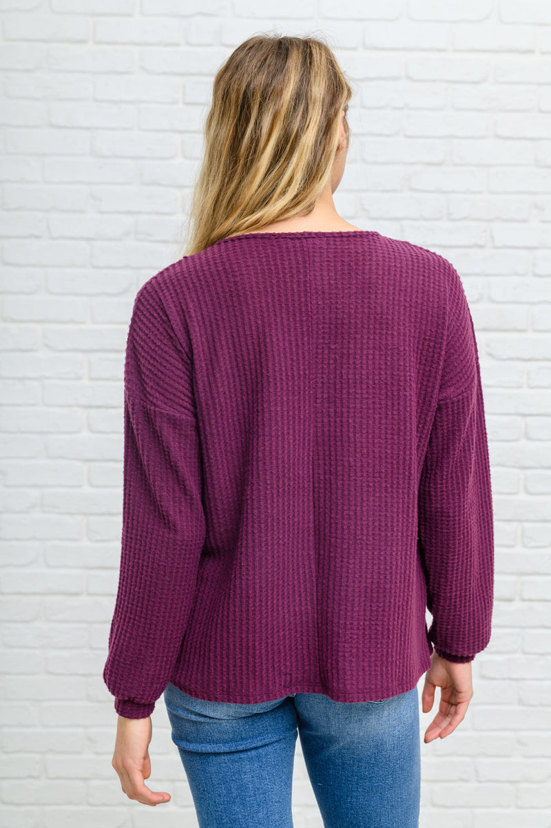 Long Sleeve Waffle Knit Top In Eggplant