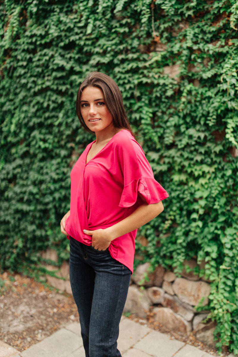 Nice Surprise Surplice Knit Top In Hot Pink