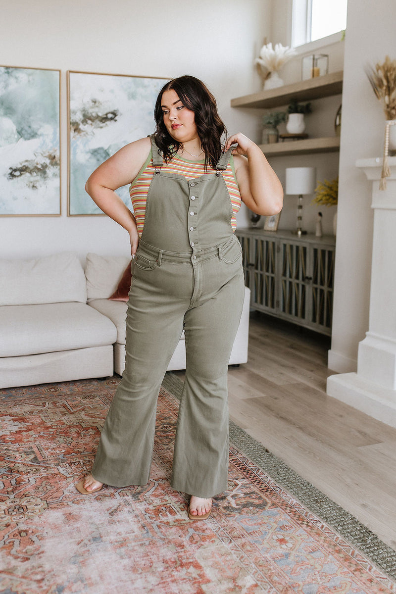 Judy Blue Olivia Control Top Release Hem Overalls in Olive