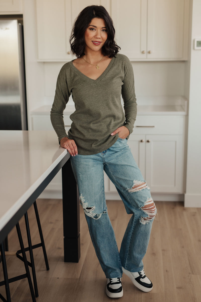 On a Roll Ribbed Knit V Neck Long Sleeve Top